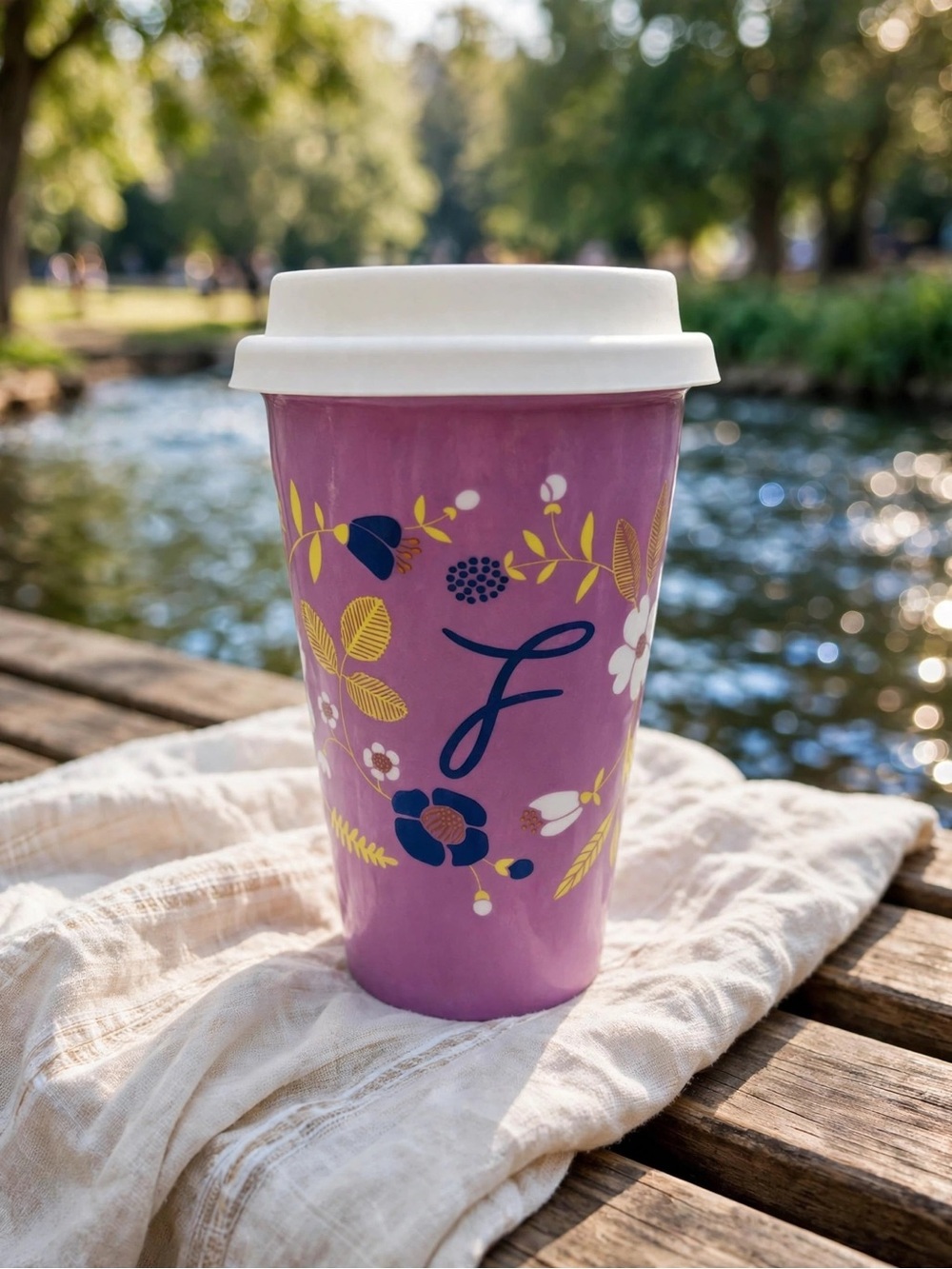 Indigo Monogram “F” Travel Mug